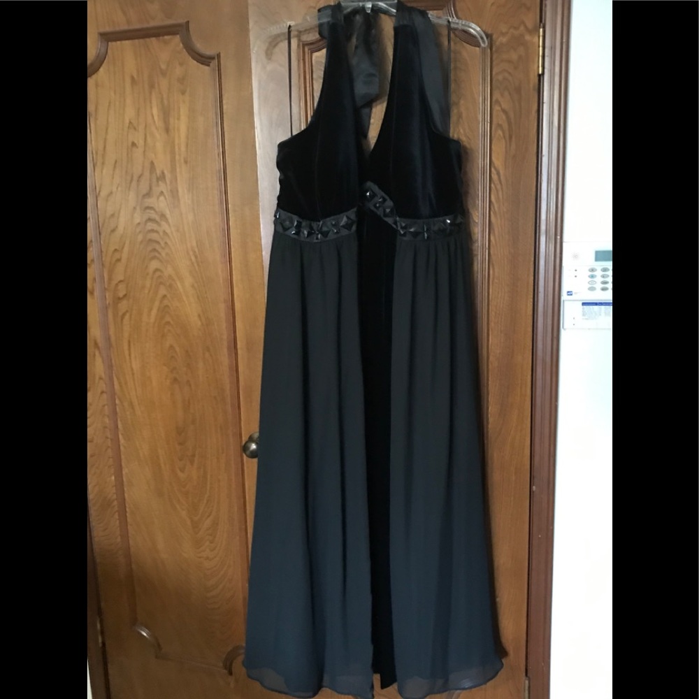 Black halter dress with black velvet accents